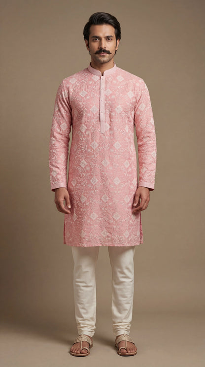 Men’s Blush Pink Jacquard Kurta | Elegant Festive Kurta – Dresswala NX