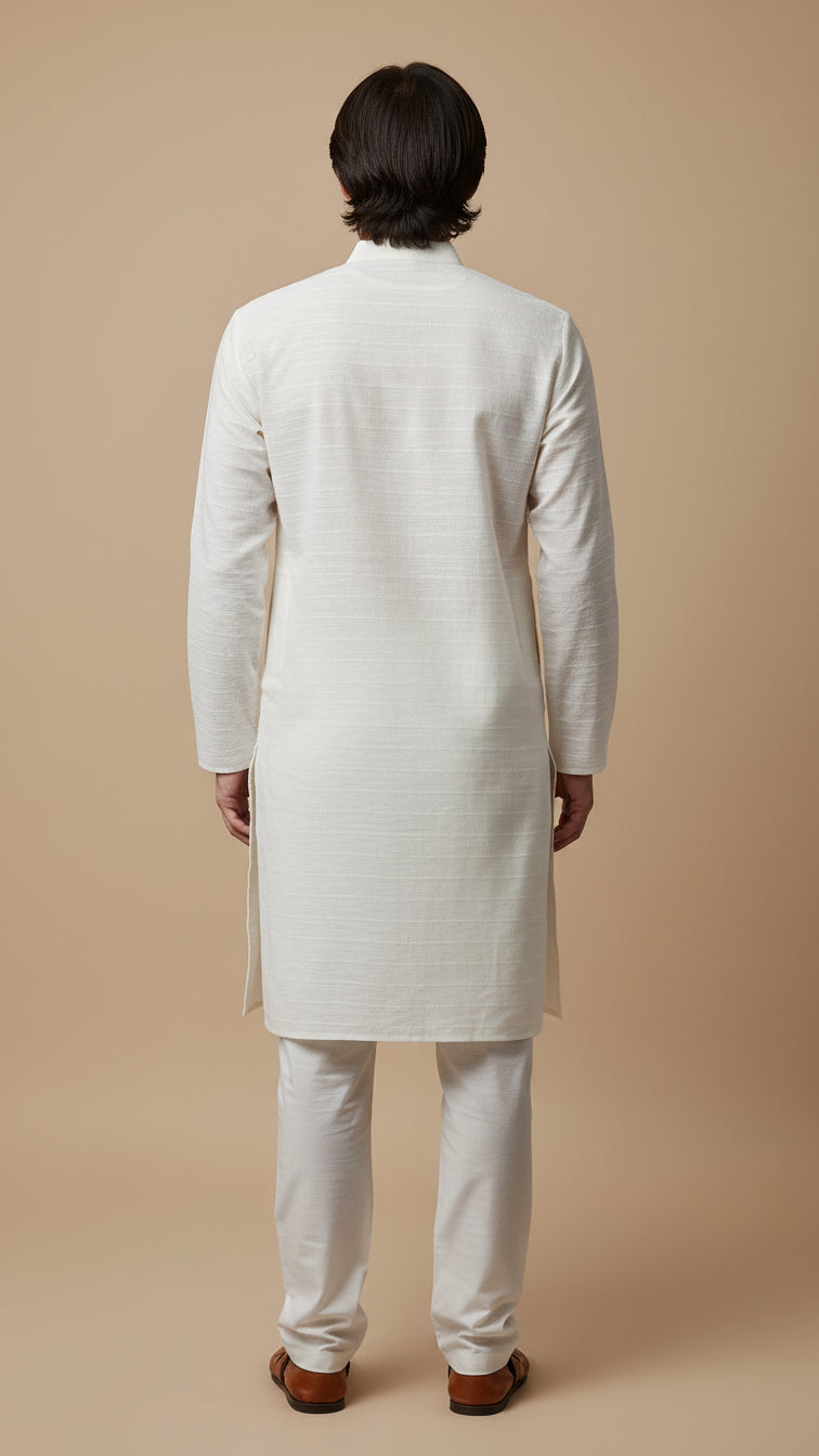 Men’s Ivory White Linen Kurta with Minimal Texture | Elegant Ethnic Wear – Dresswala NX