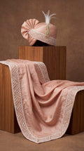Blush Peach Wedding Safa with Geometric Handwork & Feather Brooch