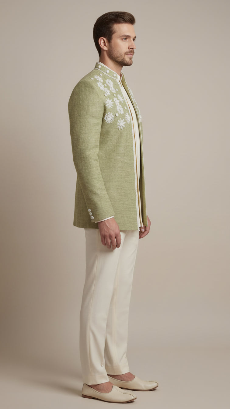 Sage Green Embroidered Bandhgala Set | Dresswala NX