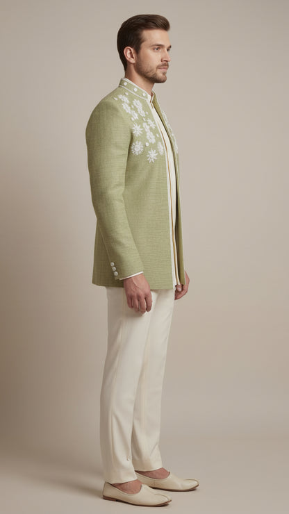 Sage Green Embroidered Bandhgala Set | Dresswala NX