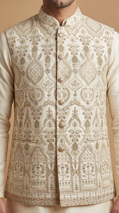Ivory Gold Embroidered Waistcoat for Men | Dresswala NX