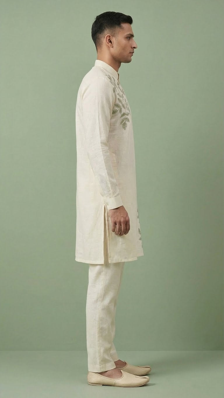 Men’s Off-White Linen Kurta with Botanical Embroidery | Festive Linen Kurta – Dresswala NX