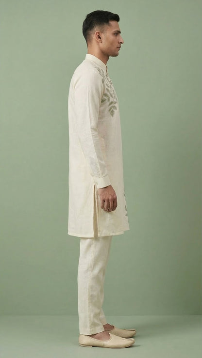 Men’s Off-White Linen Kurta with Botanical Embroidery | Festive Linen Kurta – Dresswala NX