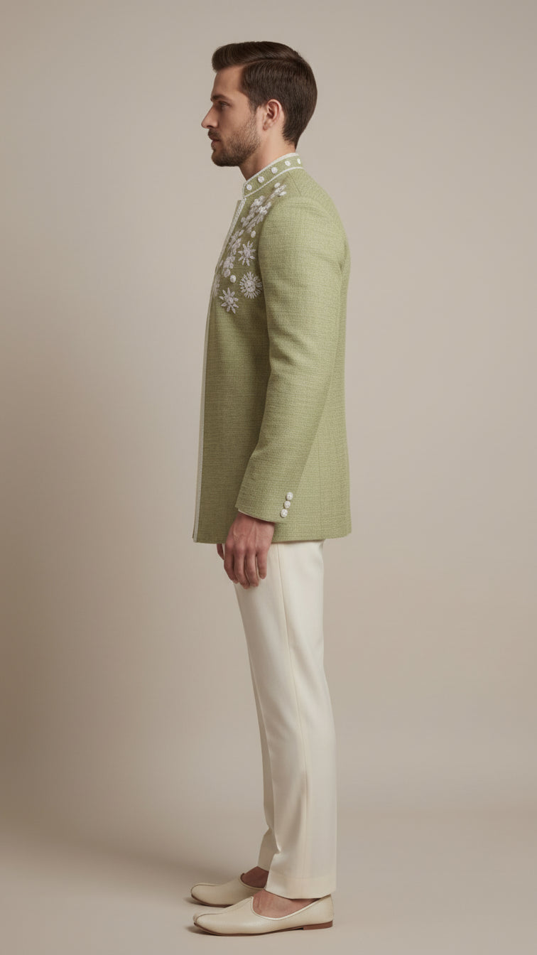 Sage Green Embroidered Bandhgala Set | Dresswala NX