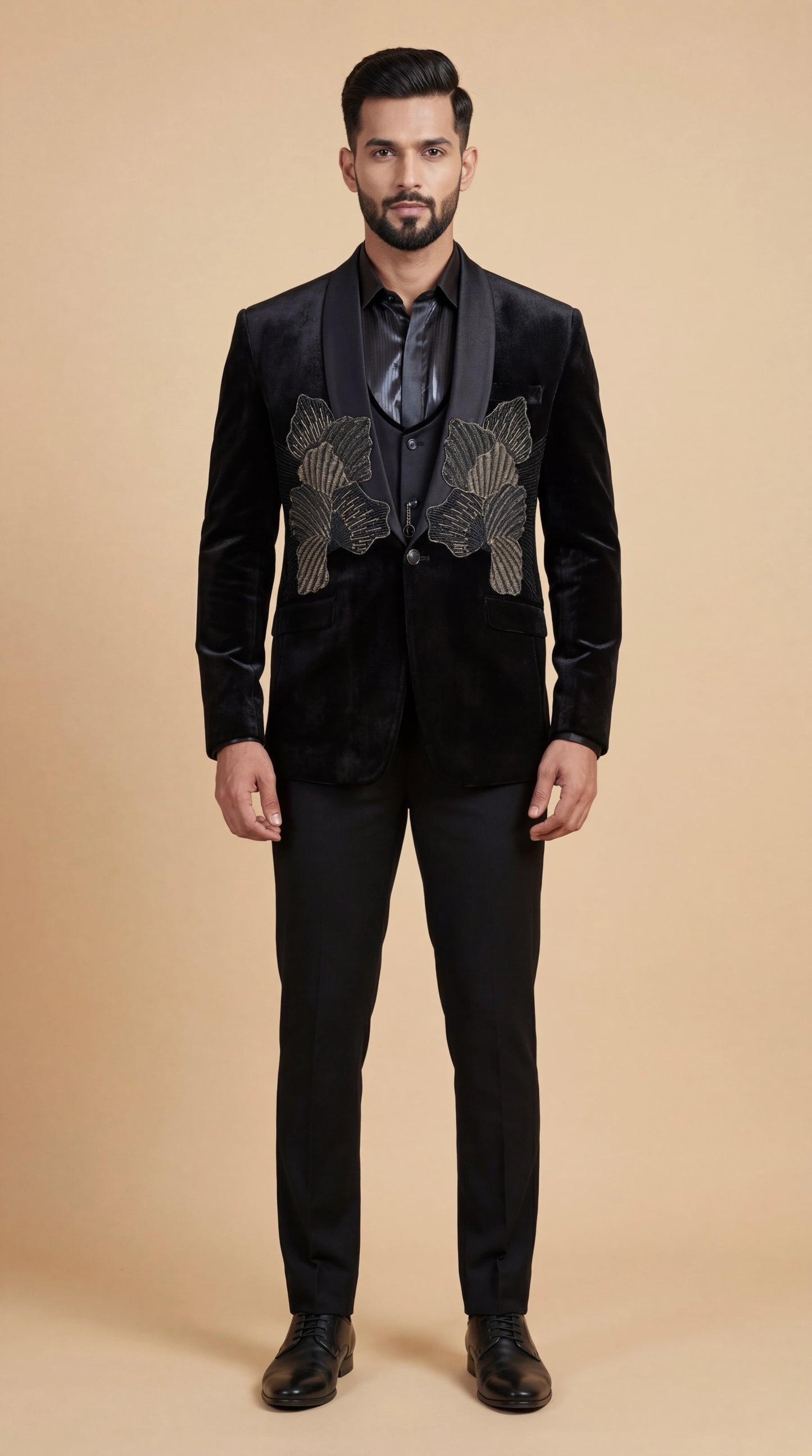 Black Velvet Embroidered Tuxedo Suit for Men | Dresswala NX