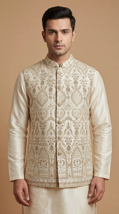 Ivory Gold Embroidered Waistcoat for Men | Dresswala NX