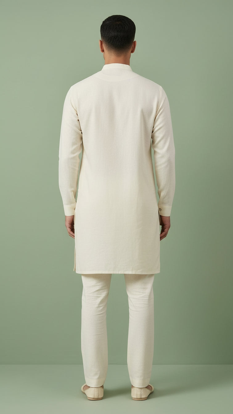 Men’s Off-White Linen Kurta with Botanical Embroidery | Festive Linen Kurta – Dresswala NX