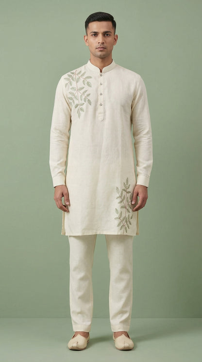 Men’s Off-White Linen Kurta with Botanical Embroidery | Festive Linen Kurta – Dresswala NX