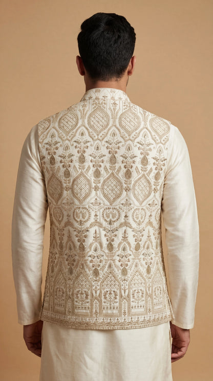Ivory Gold Embroidered Waistcoat for Men | Dresswala NX