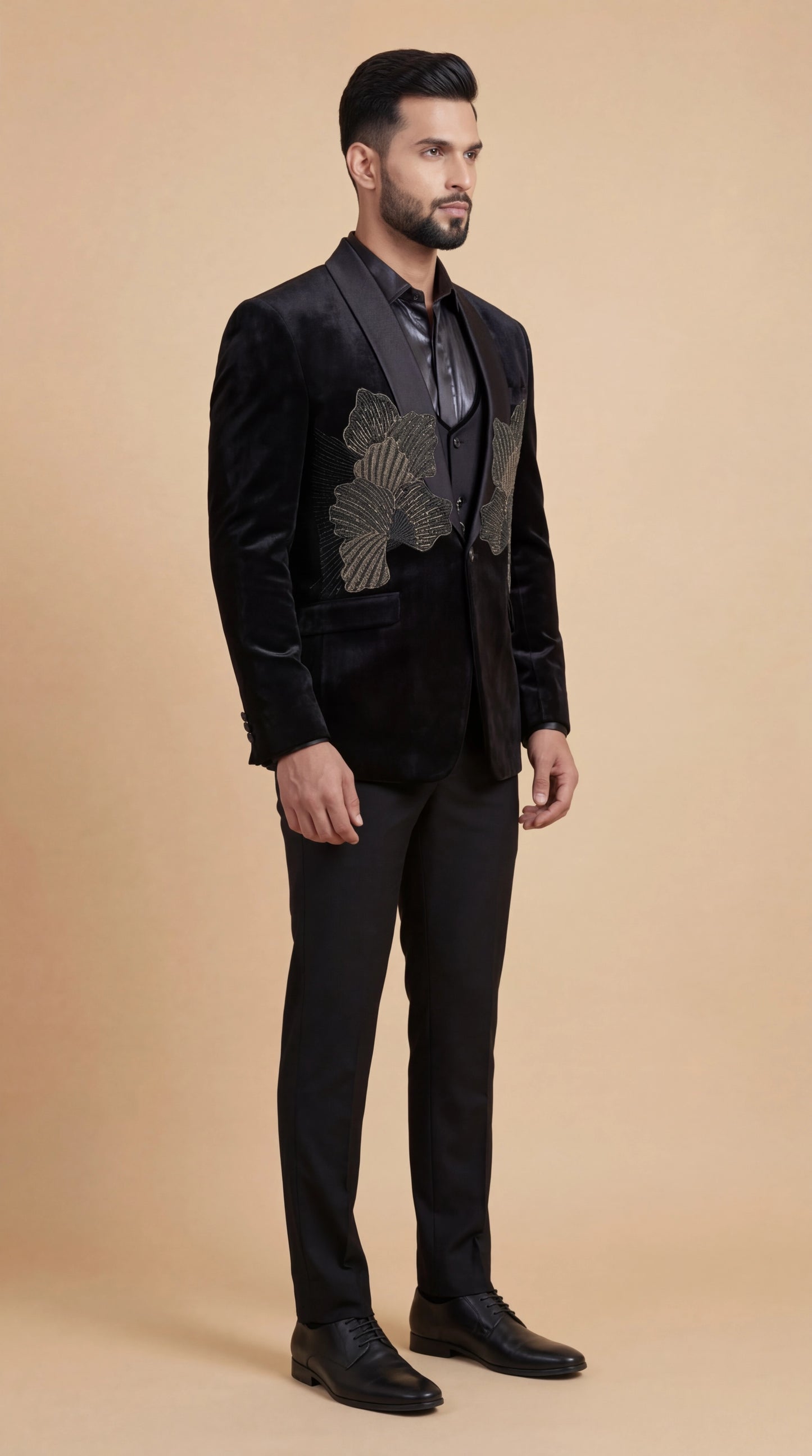 Black Velvet Embroidered Tuxedo Suit for Men | Dresswala NX