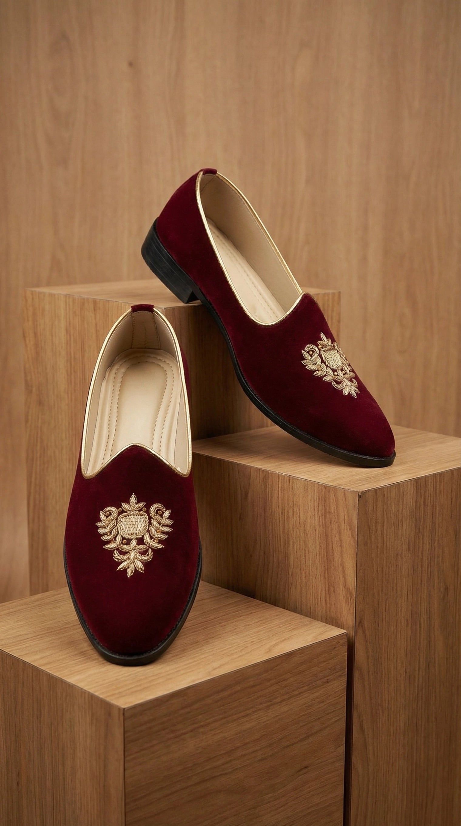 Maroon Velvet Mojdi Shoes with Gold Crest Embroidery | Dresswala NX
