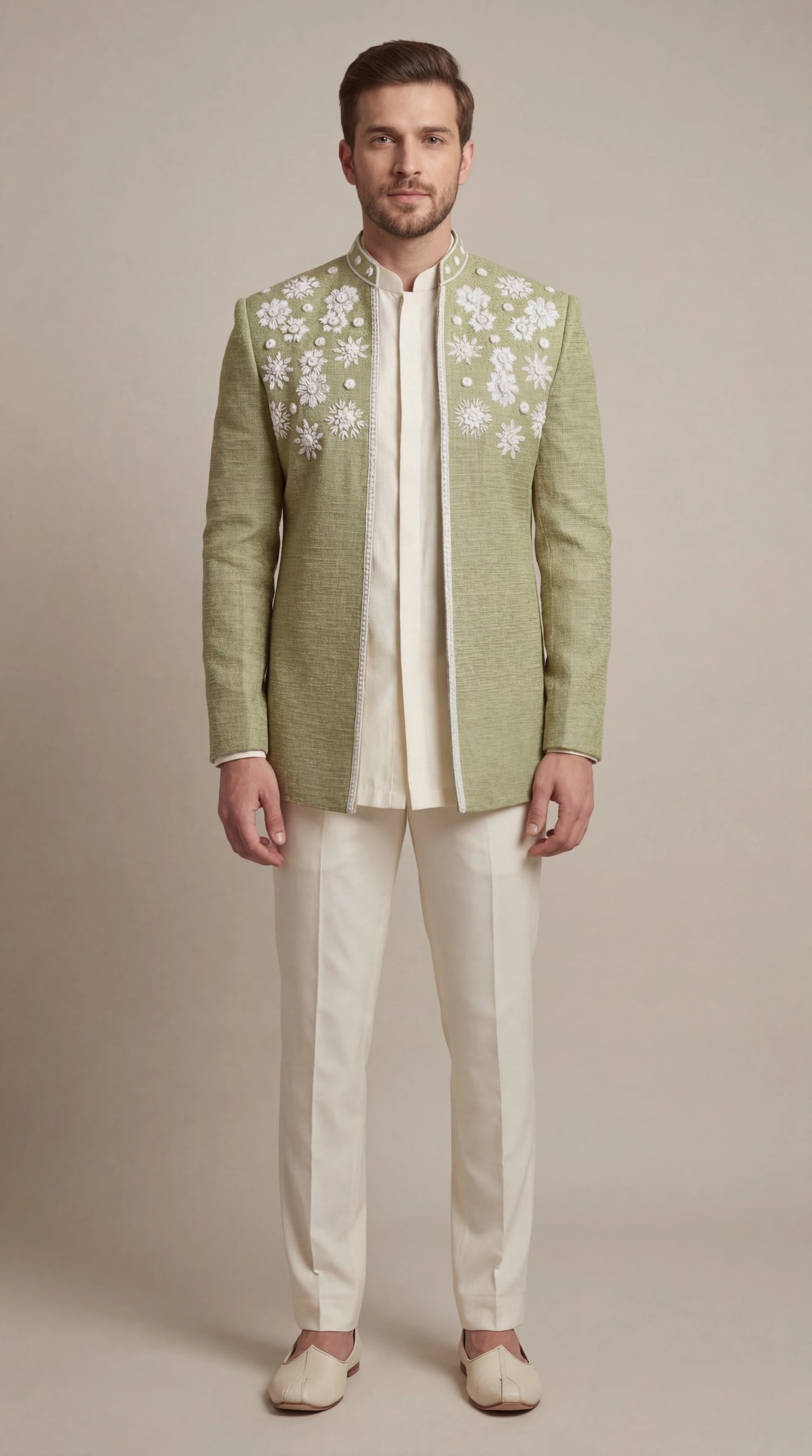 Sage Green Embroidered Bandhgala Set | Dresswala NX