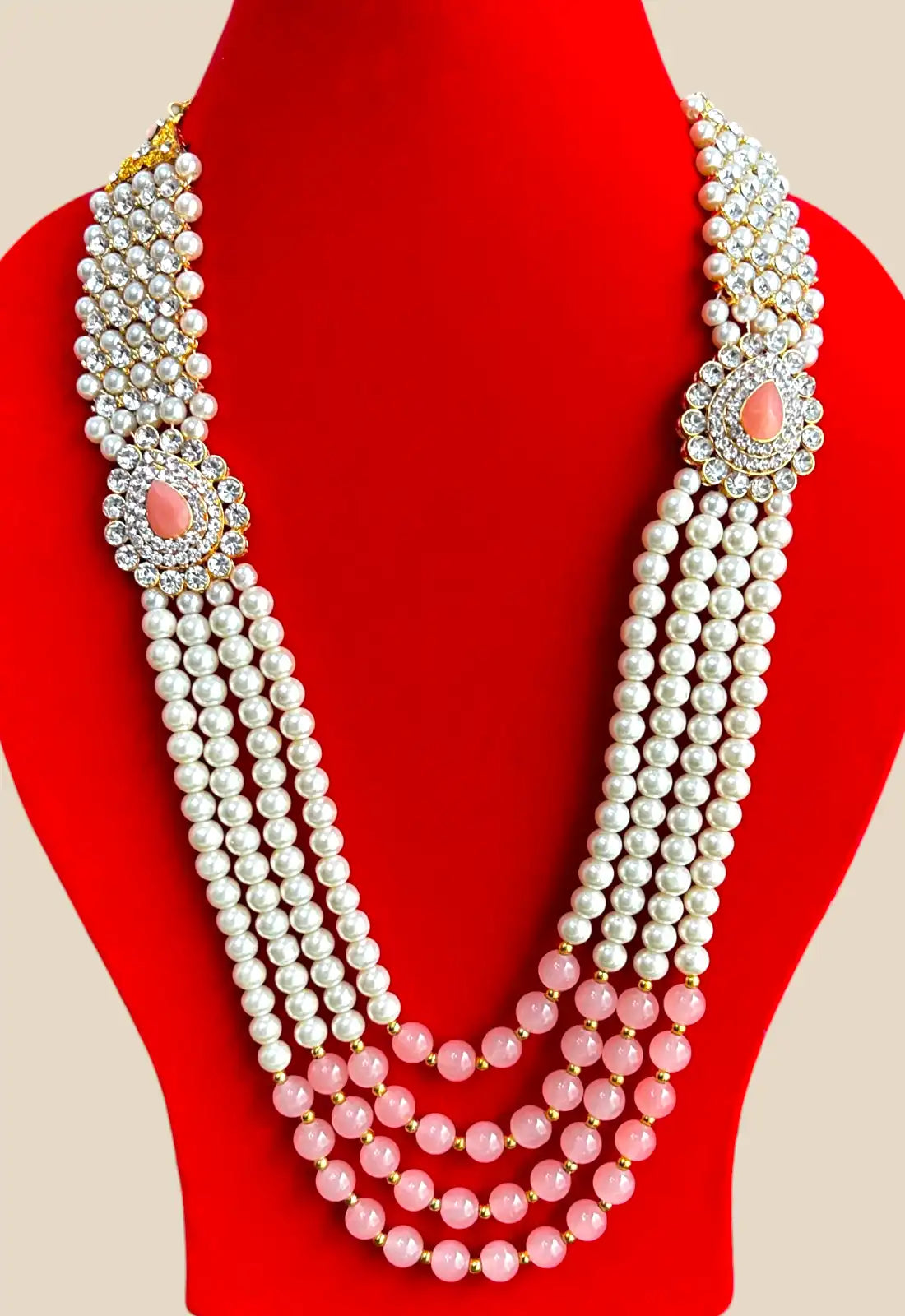 Blush Pink & Pearl Royal Necklace with Kundan Teardrop Centerpieces