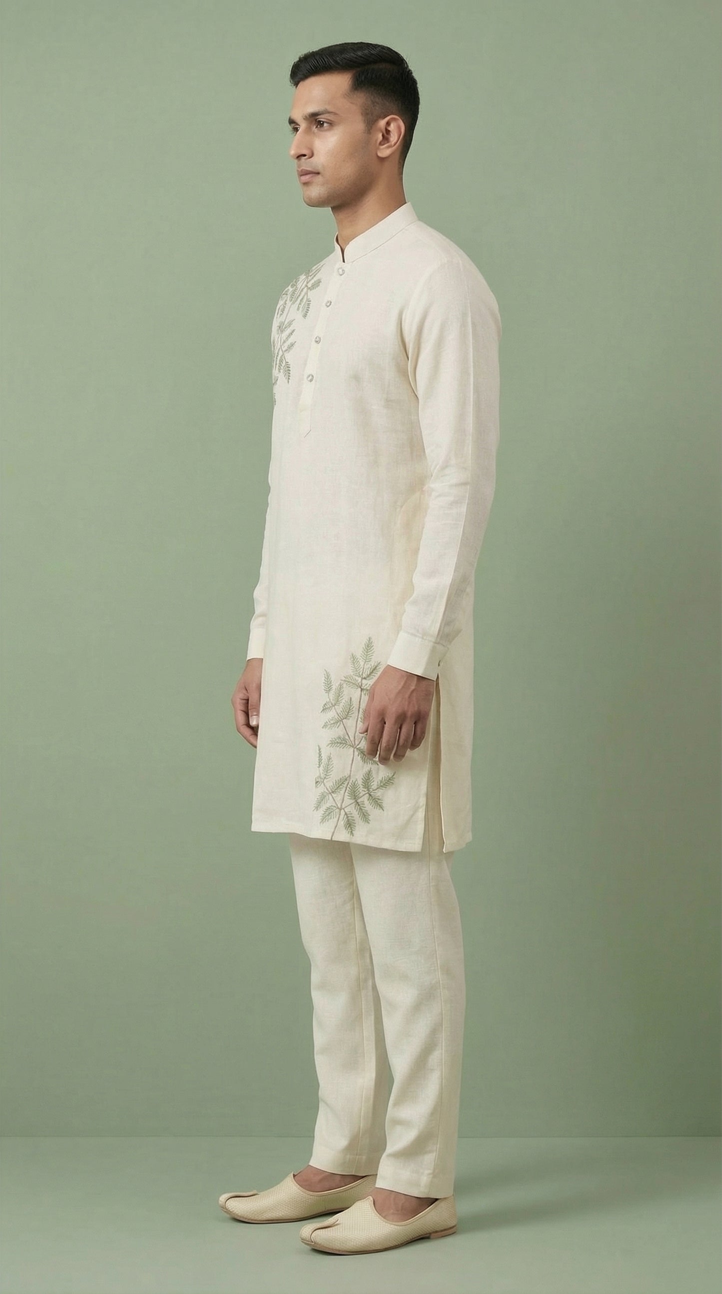 Men’s Off-White Linen Kurta with Botanical Embroidery | Festive Linen Kurta – Dresswala NX