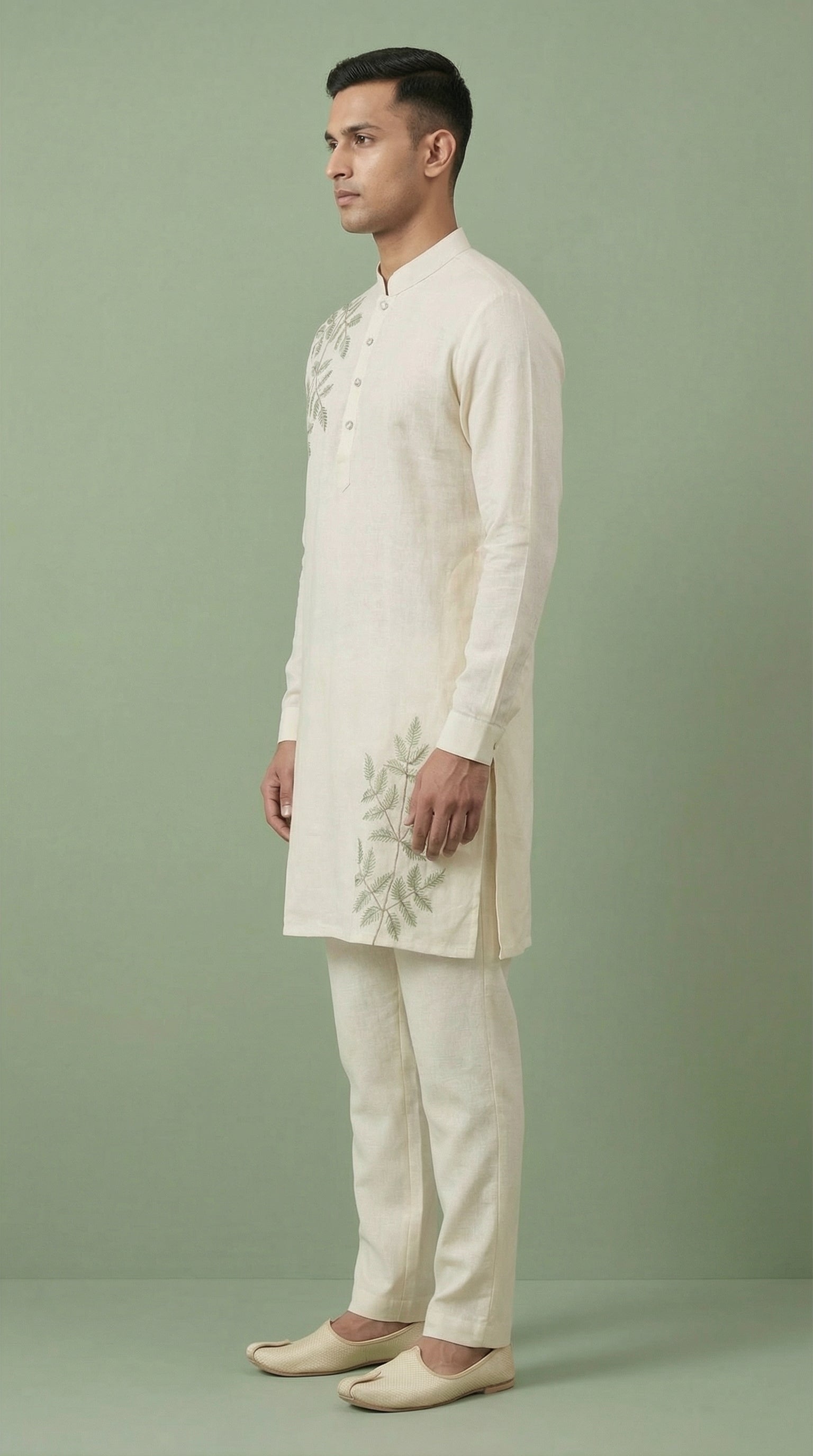 Men’s Off-White Linen Kurta with Botanical Embroidery | Festive Linen Kurta – Dresswala NX