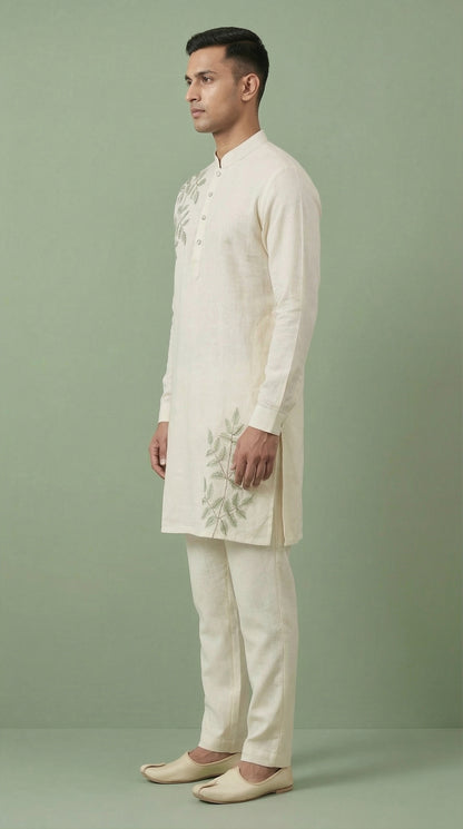 Men’s Off-White Linen Kurta with Botanical Embroidery | Festive Linen Kurta – Dresswala NX