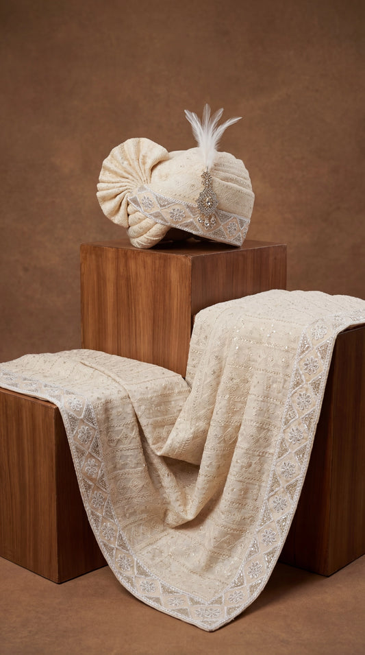 Ivory Hand-Embroidered Groom Safa with Floral Motifs & Feather Accent