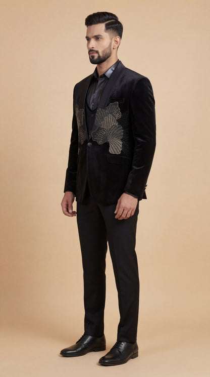 Black Velvet Embroidered Tuxedo Suit for Men | Dresswala NX