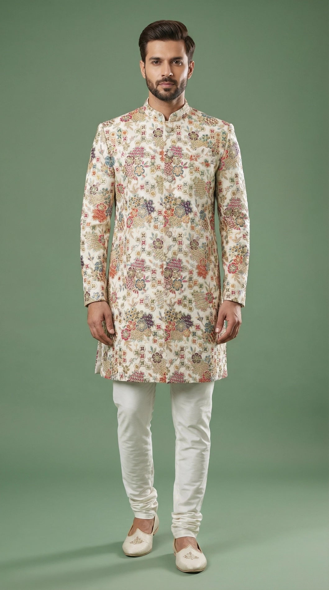 Ivory Floral Indo-Western Sherwani for Men | Dresswala NX