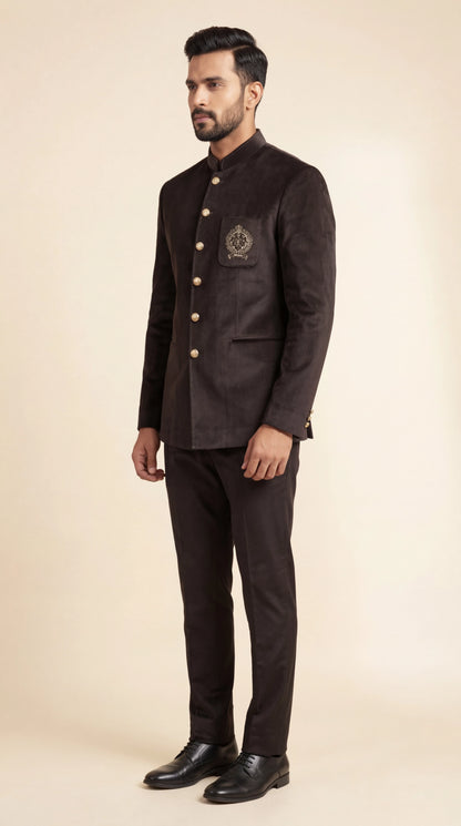 Men’s Brown Bandhgala Suit with Crest Detail | Dresswala NX