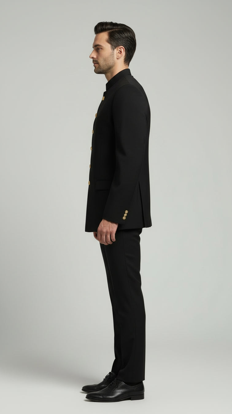 Classic Black Bandhgala Suit with Crest | Dresswala NX