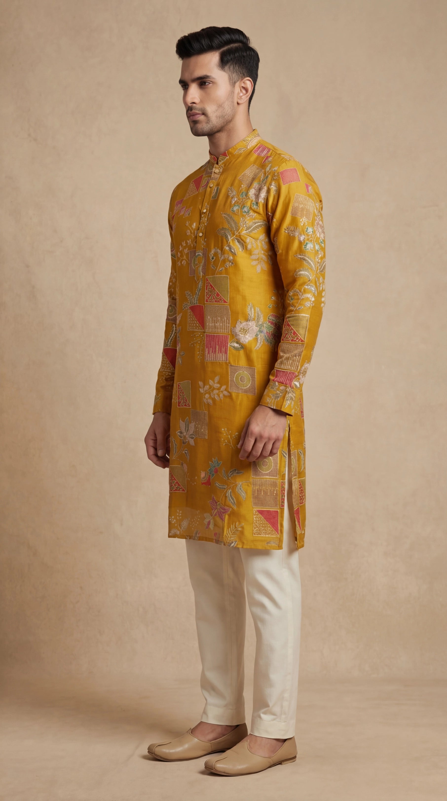 Men’s Mustard Patchwork Floral Kurta | Festive Statement Wear – Dresswala NX