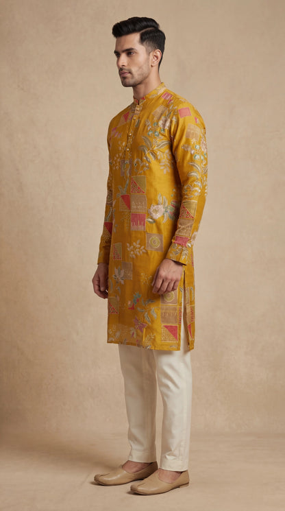 Men’s Mustard Patchwork Floral Kurta | Festive Statement Wear – Dresswala NX