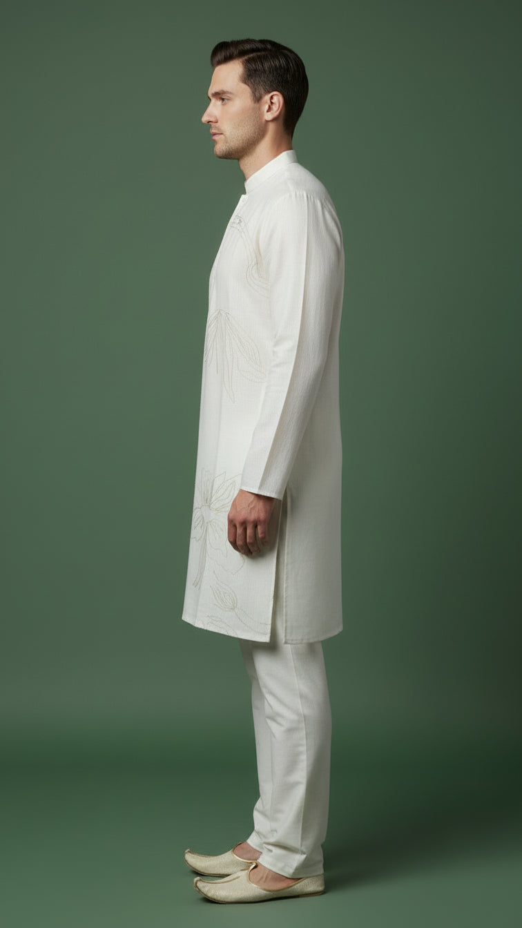Men’s Ivory Linen Kurta with Minimal Floral Detailing | Classic Linen Kurta – Dresswala NX