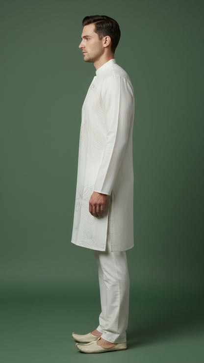 Men’s Ivory Linen Kurta with Minimal Floral Detailing | Classic Linen Kurta – Dresswala NX