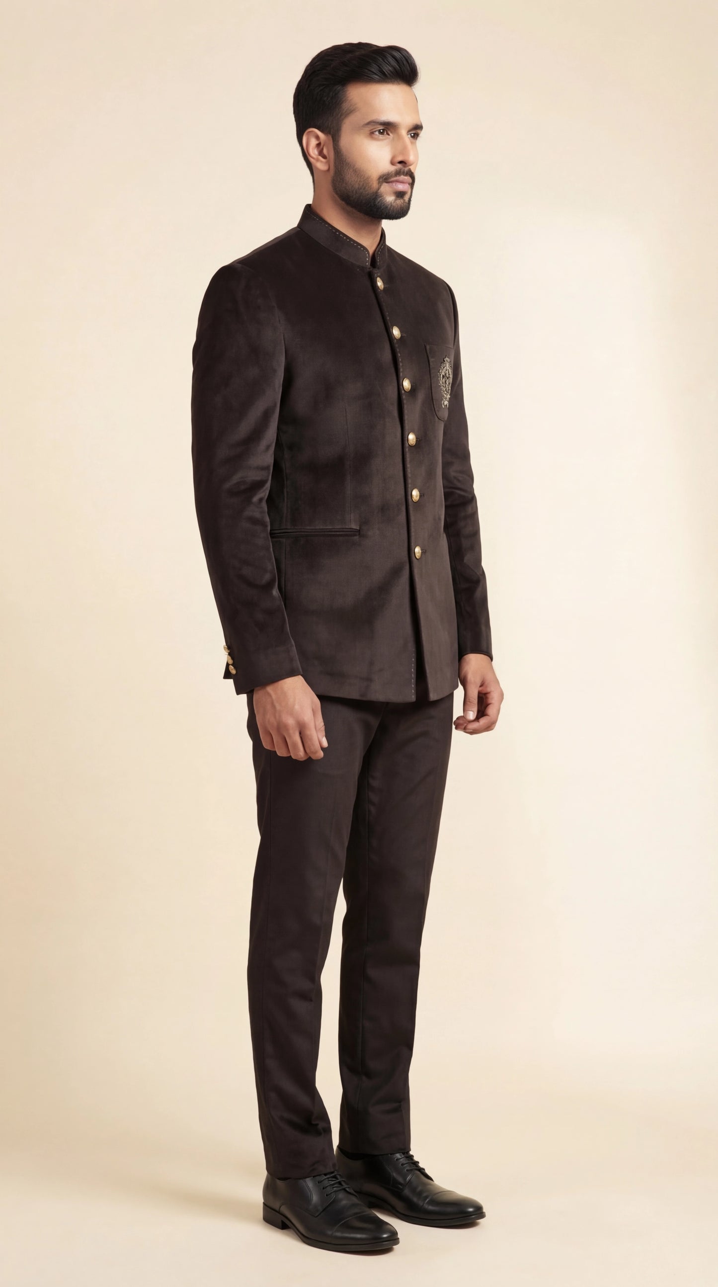 Men’s Brown Bandhgala Suit with Crest Detail | Dresswala NX