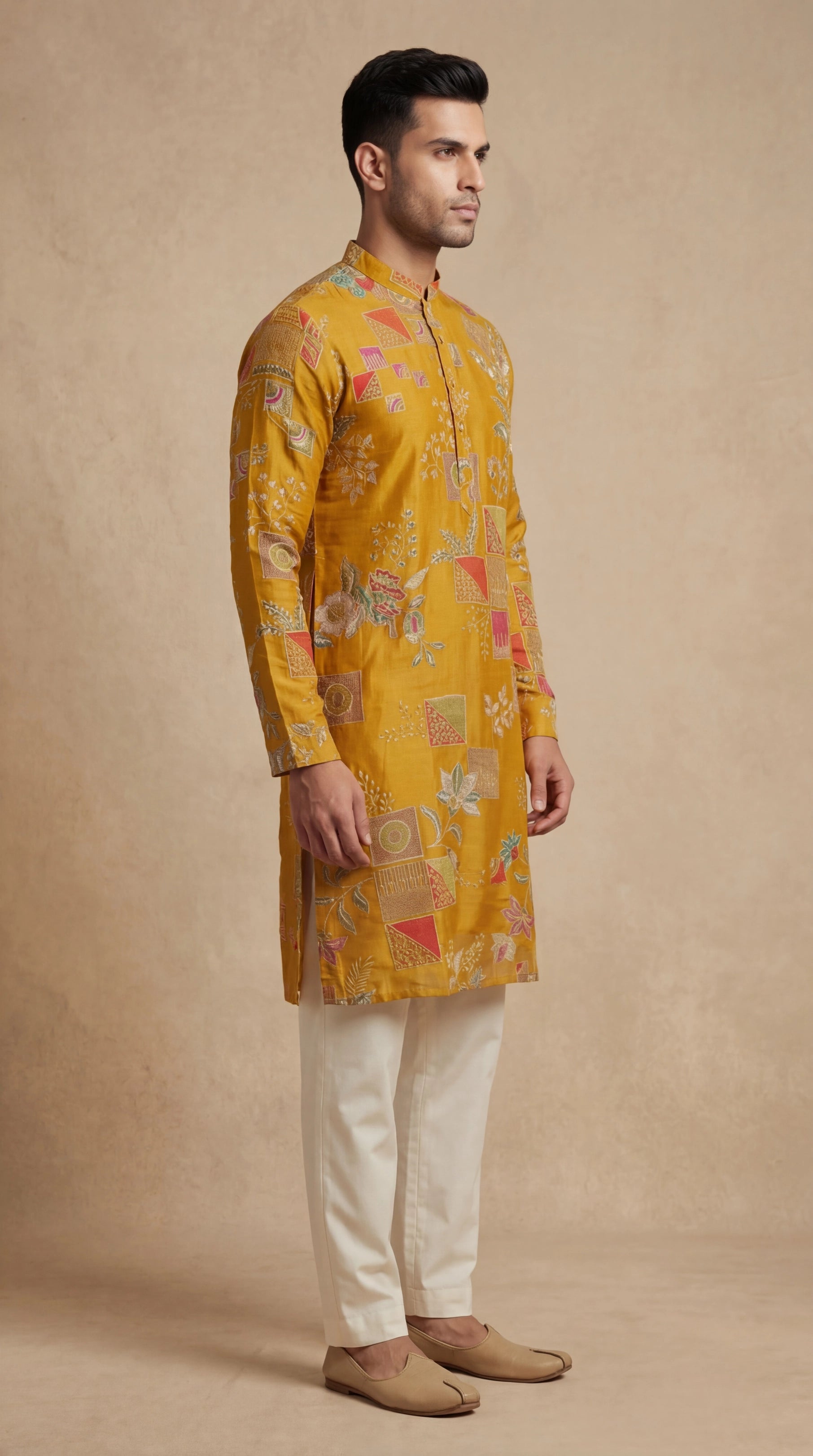 Men’s Mustard Patchwork Floral Kurta | Festive Statement Wear – Dresswala NX