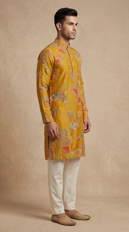 Men’s Mustard Patchwork Floral Kurta | Festive Statement Wear – Dresswala NX