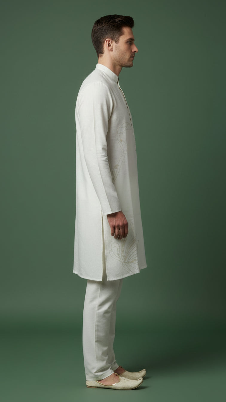 Men’s Ivory Linen Kurta with Minimal Floral Detailing | Classic Linen Kurta – Dresswala NX
