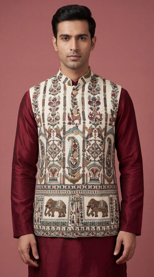 Ivory Heritage Print Waistcoat for Men | Dresswala NX