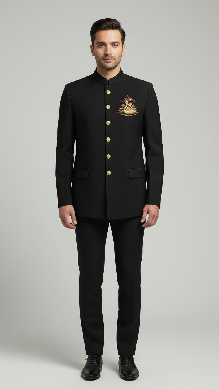 Classic Black Bandhgala Suit with Crest | Dresswala NX