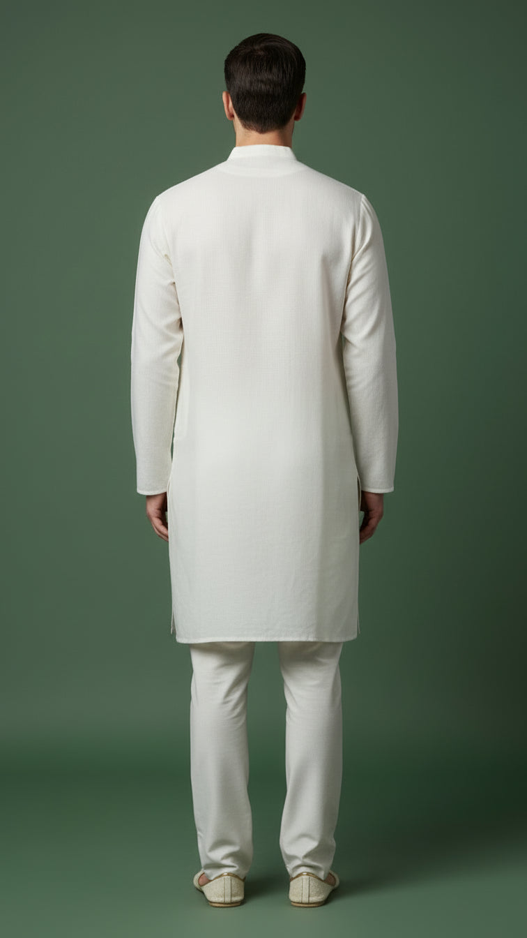 Men’s Ivory Linen Kurta with Minimal Floral Detailing | Classic Linen Kurta – Dresswala NX
