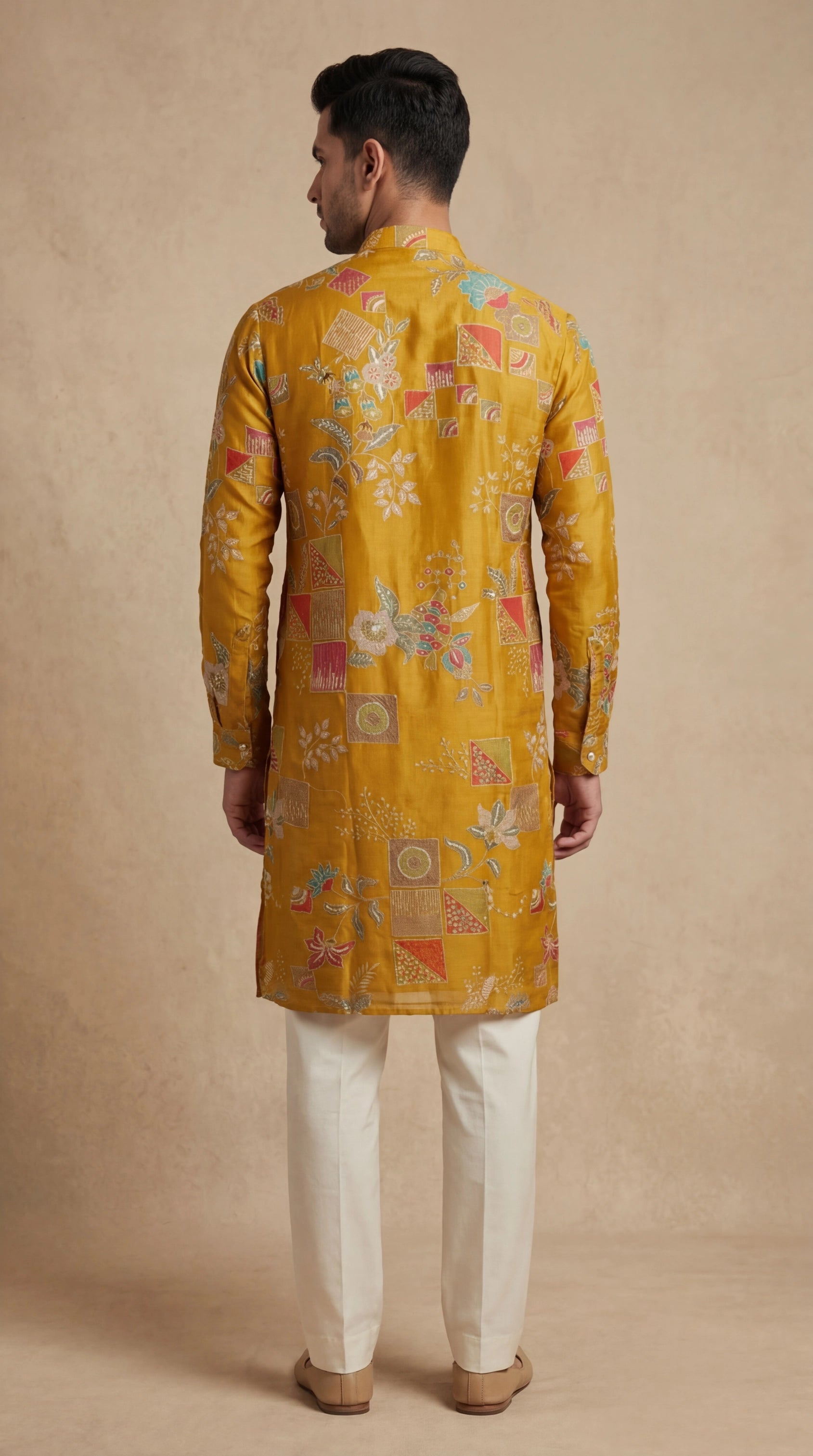 Men’s Mustard Patchwork Floral Kurta | Festive Statement Wear – Dresswala NX