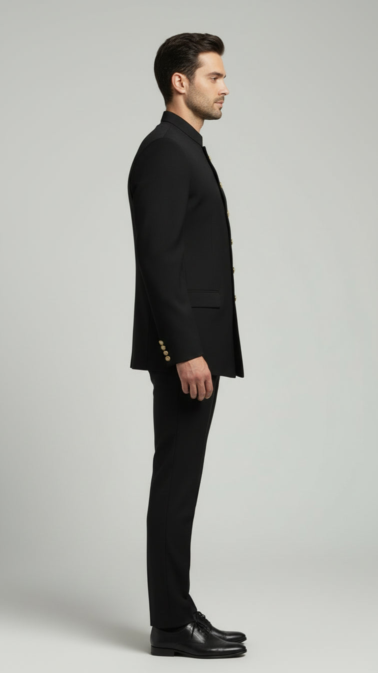 Classic Black Bandhgala Suit with Crest | Dresswala NX