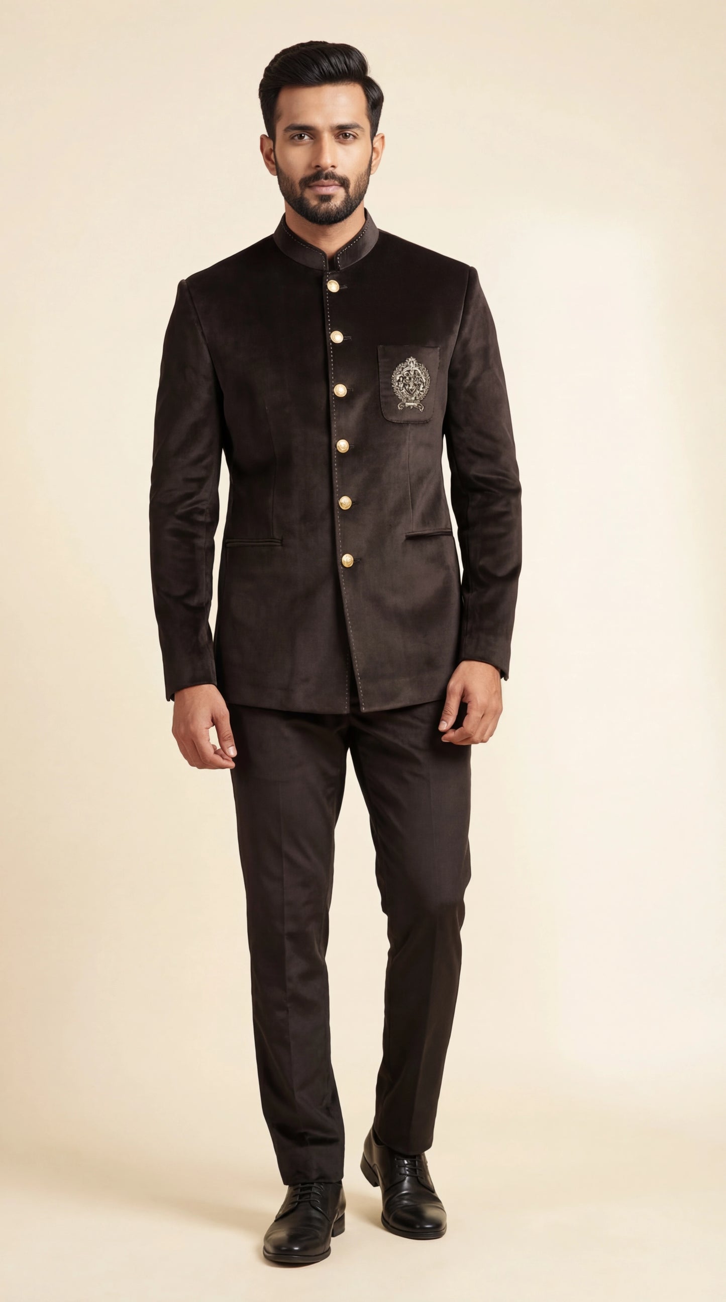 Men’s Brown Bandhgala Suit with Crest Detail | Dresswala NX