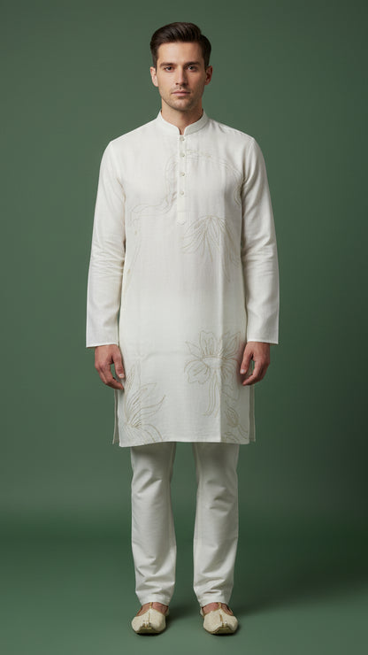 Men’s Ivory Linen Kurta with Minimal Floral Detailing | Classic Linen Kurta – Dresswala NX