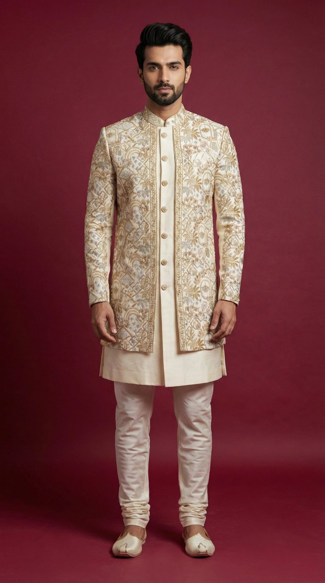 Golden Embroidered Indo-Western Sherwani for Men | Dresswala NX
