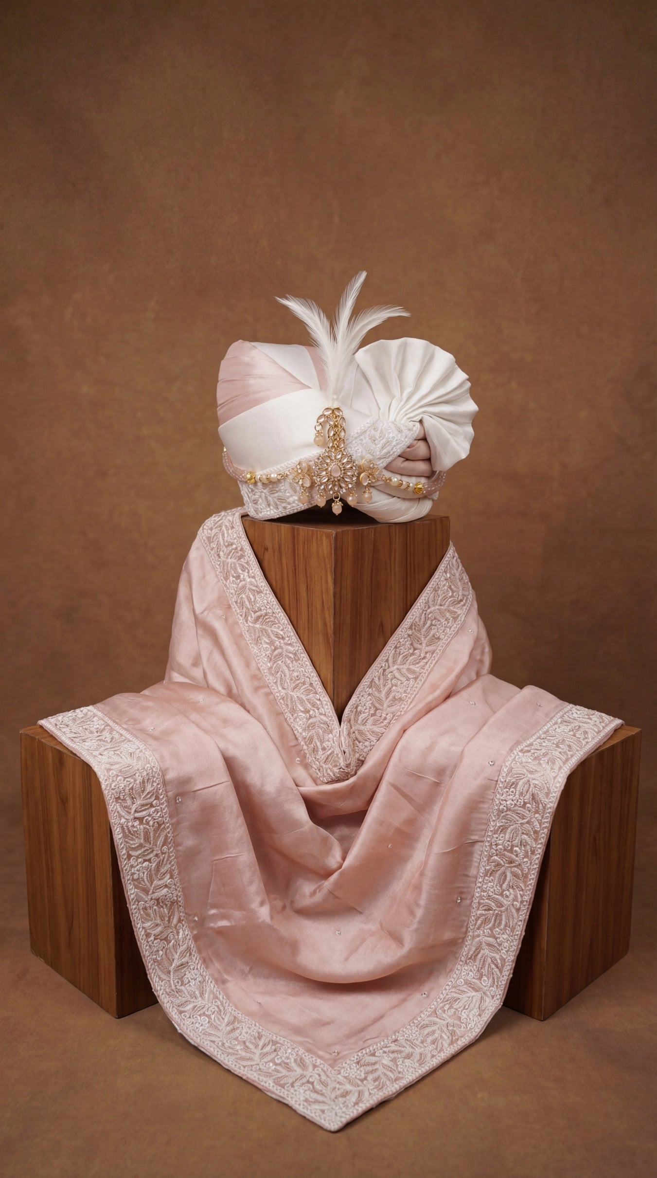 Blush Ivory Groom Safa with Feather Detail & Embroidered Stole