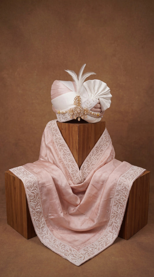 Blush Ivory Groom Safa with Feather Detail & Embroidered Stole