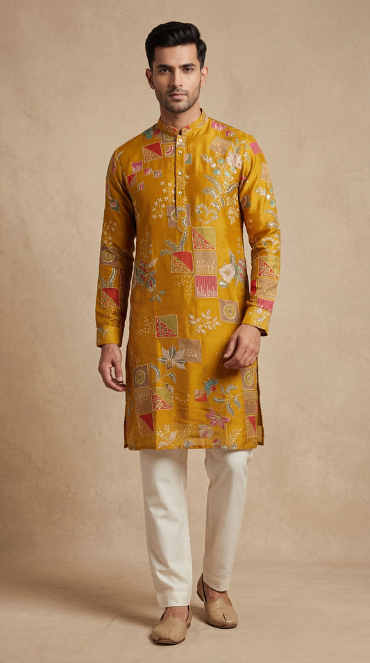 Men’s Mustard Patchwork Floral Kurta | Festive Statement Wear – Dresswala NX