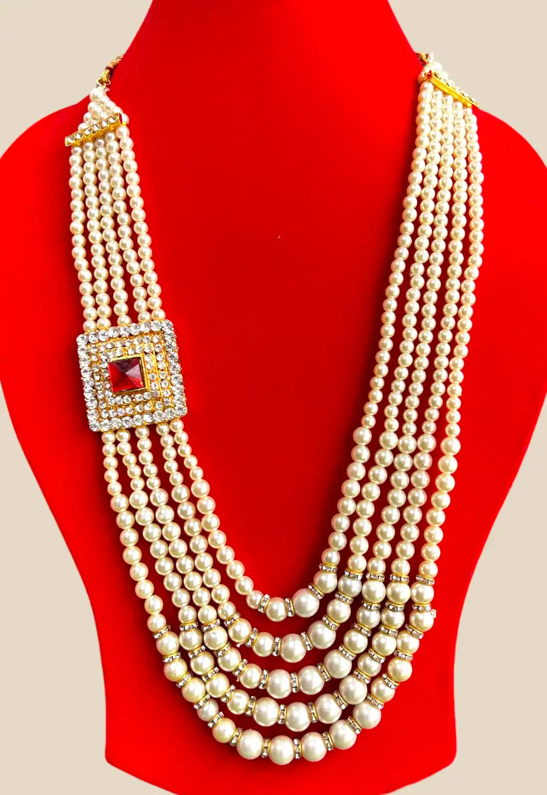 Classic Ivory Pearl Multistrand Necklace with Ruby Square Pendant