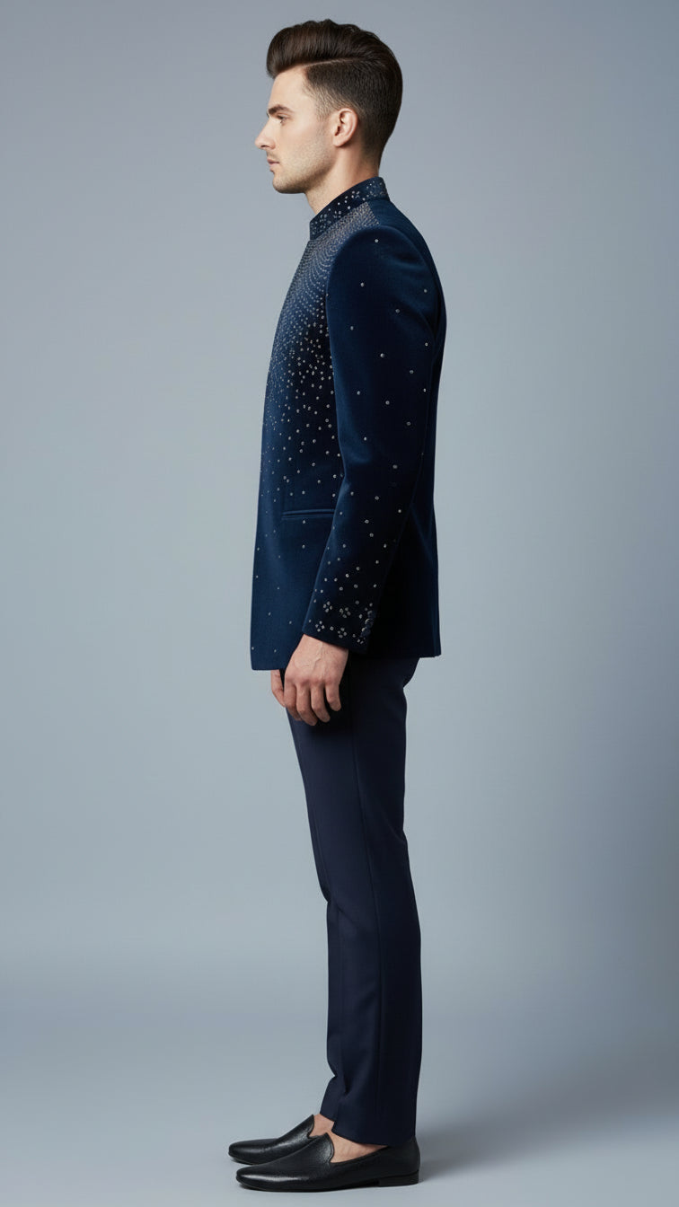 Men’s Navy Blue Embellished Bandhgala Suit | Dresswala NX