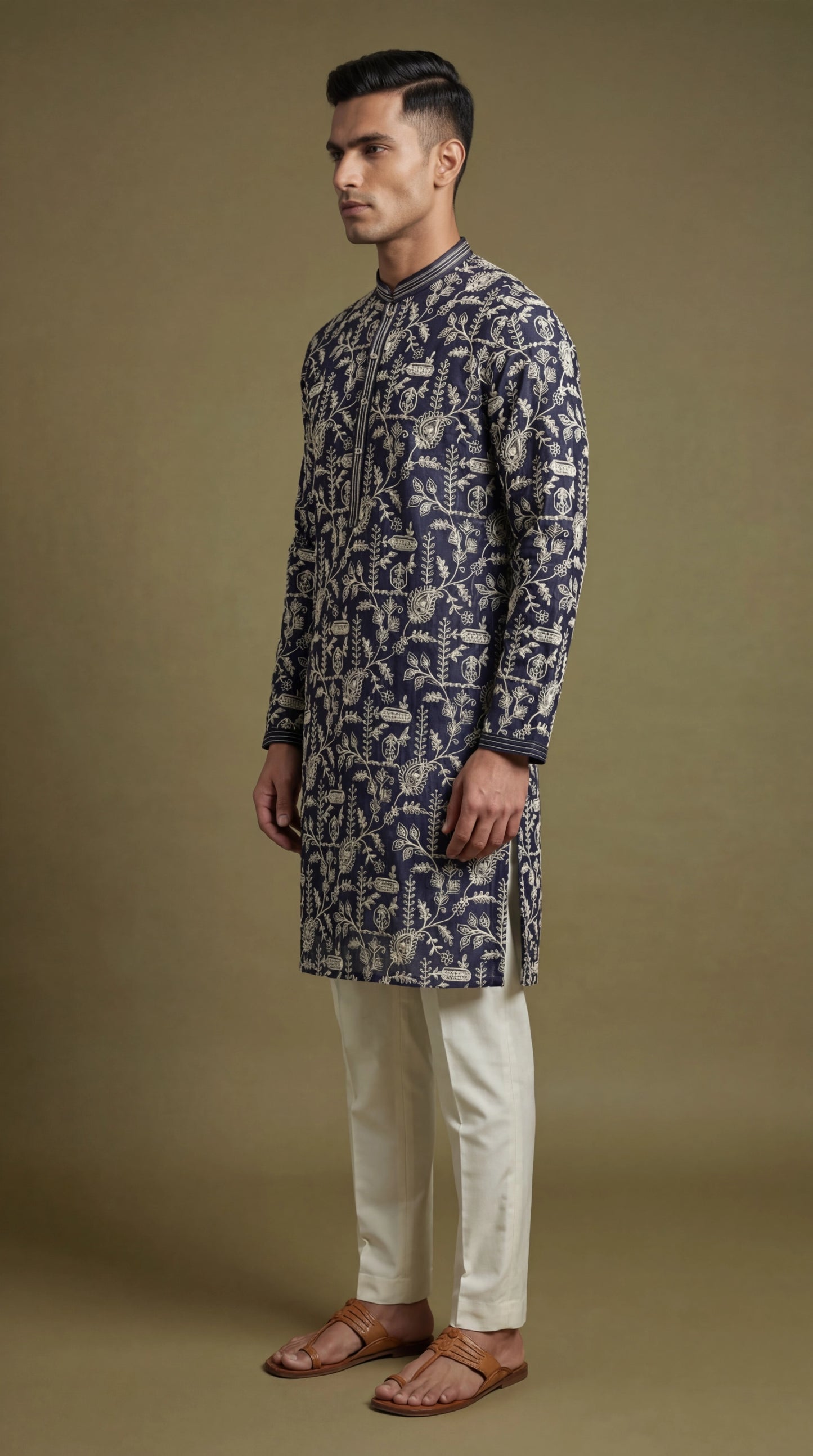 Men’s Navy Blue Floral Print Kurta | Elegant Festive Wear – Dresswala NX