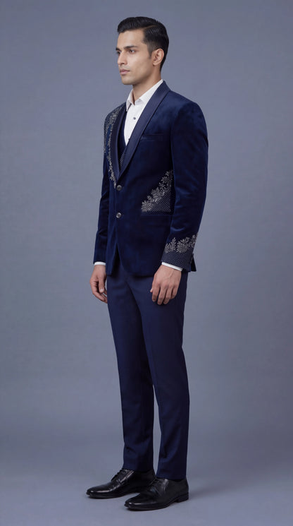 Navy Blue Embroidered Tuxedo Suit for Men | Dresswala NX