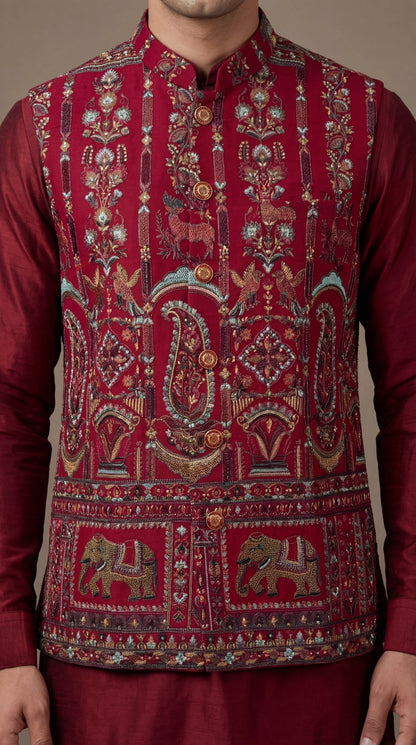 Maroon Royal Print Ethnic Waistcoat for Men | Dresswala NX